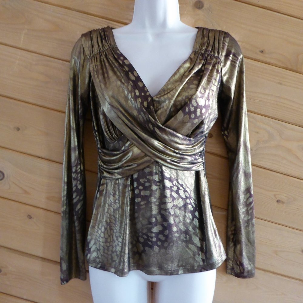 Cache Shiny Gold Faux Wrap Animal Reptile Print Evening Party V-neck Shirt Top